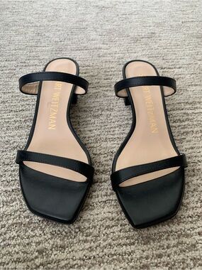 Stuart Weitzman Black Double-Strap Square-Toe Slide Sandals